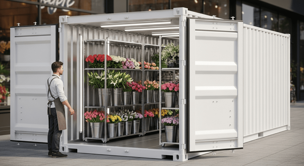 Chambre froide container pour fleuriste, portes ouvertes, équipée d’étagères remplies de fleurs fraîches pour leur conservation, avec un professionnel inspectant l’intérieur.