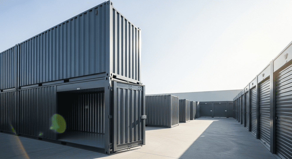 Garde meuble en container sécurisé, rangée de containers métalliques modernes utilisés pour le stockage et le self-stockage, avec unités ouvertes et fermées sur un site extérieur.