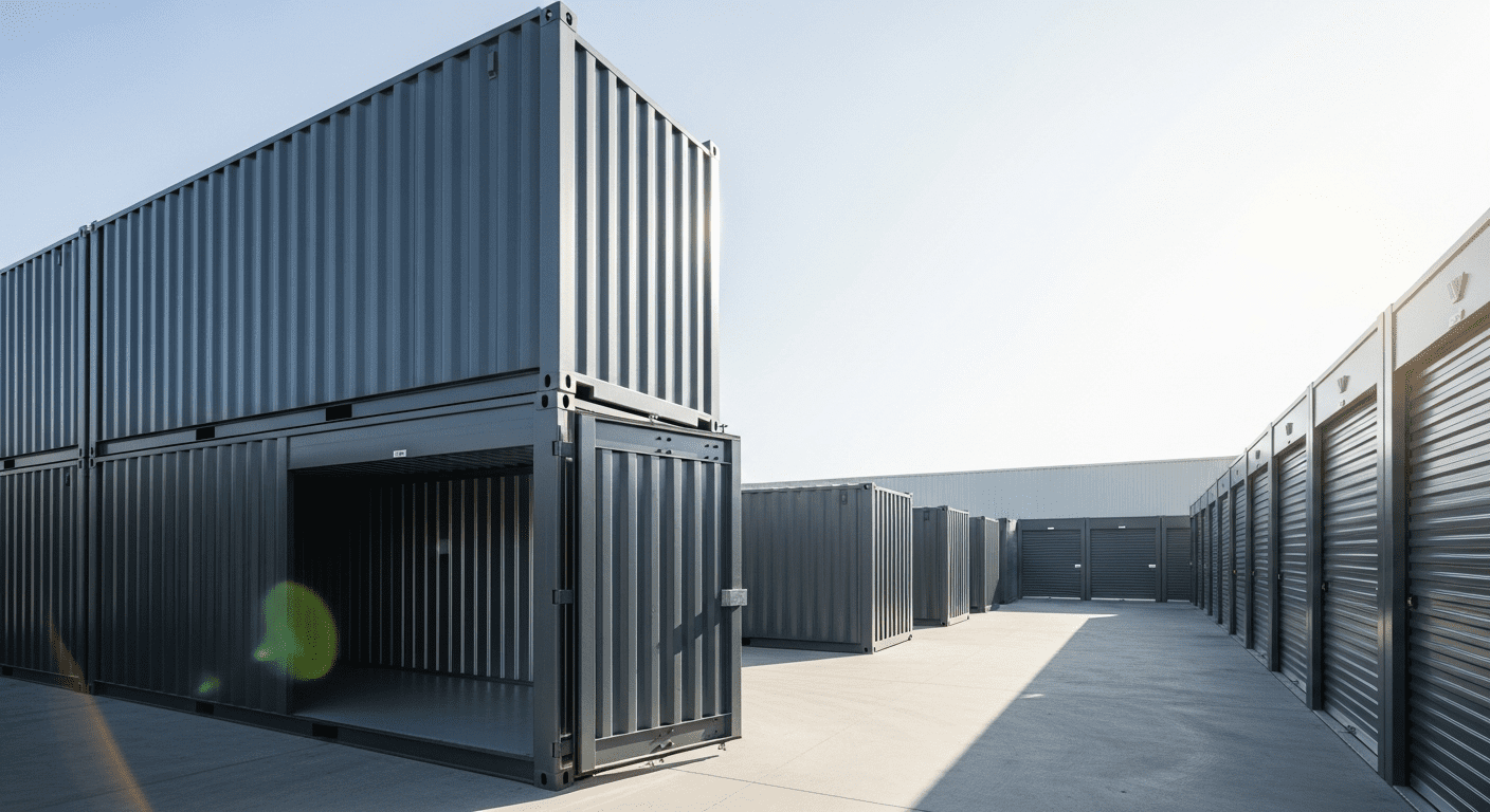 Garde meuble en container sécurisé, rangée de containers métalliques modernes utilisés pour le stockage et le self-stockage, avec unités ouvertes et fermées sur un site extérieur.