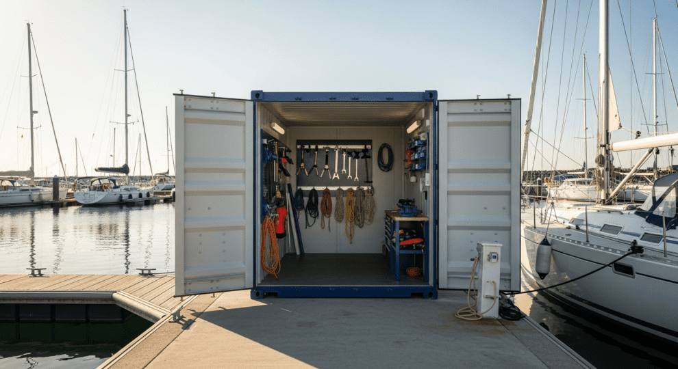 Container aménagé dans un port de plaisance, utilisé comme local technique avec rangements d’outillage et équipements nautiques, situé sur un ponton entouré de voiliers